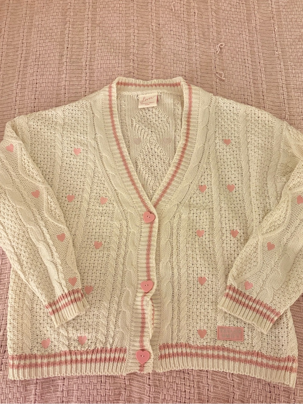 Taylor Swift Cream Cardigan with Pink Heart Details